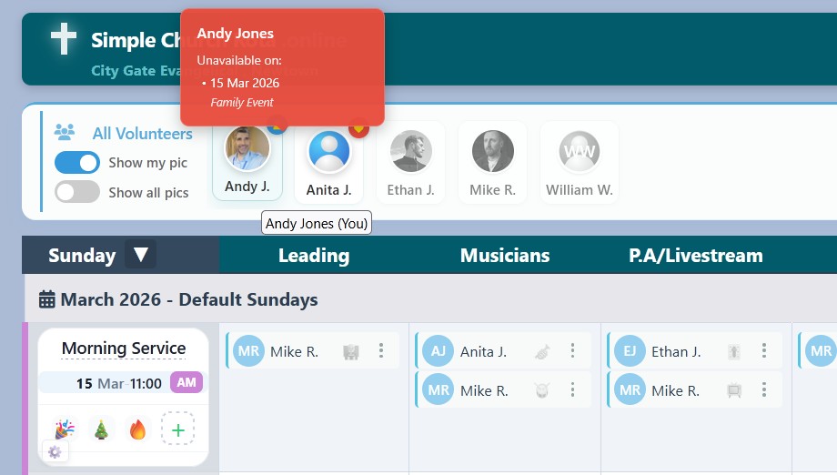 Mouseover a volunteer to see their unavailable times